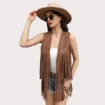 Women's Fringe Vest 70s Hippie Faux Suede Rivets Sleeveless Costume Fringe Jacket