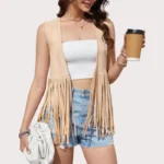 Women's Fringe Vest 70s Hippie Faux Suede Rivets Sleeveless Fringe Jacket