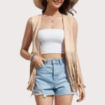 Women's Fringe Vest 70s Hippie Faux Suede Rivets Sleeveless Fringe Jacket