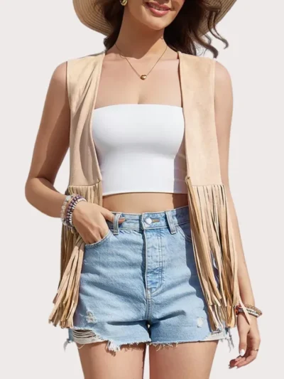 Women's Fringe Vest 70s Hippie Faux Suede Rivets Sleeveless Fringe Jacket