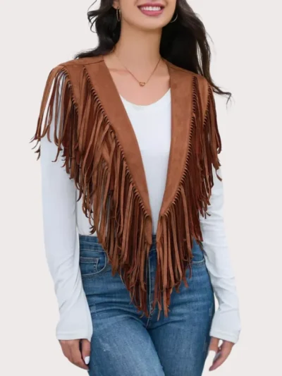 Women's Fringe Vest 70s western Hippie Suede Sleeveless Costume Fringe Waistcoat